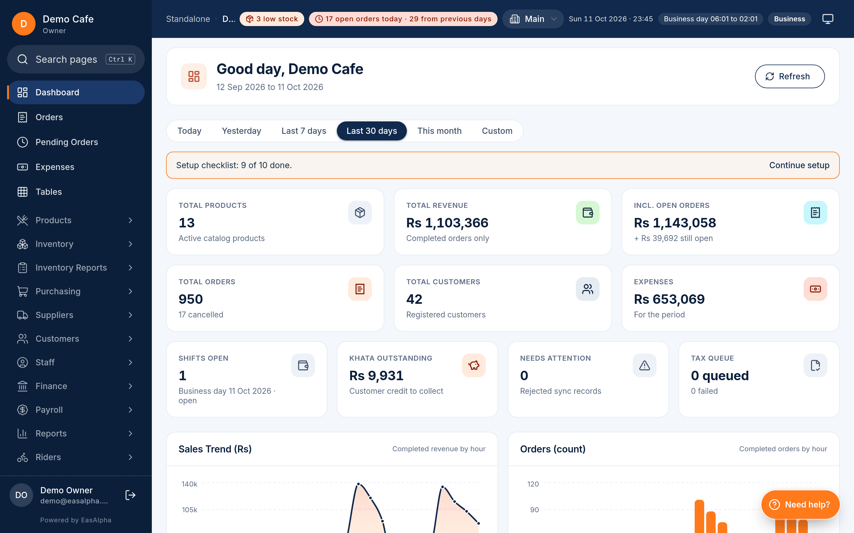 EasAlpha admin dashboard with 30-day revenue, orders, customers and expenses, plus sales and order charts by hour