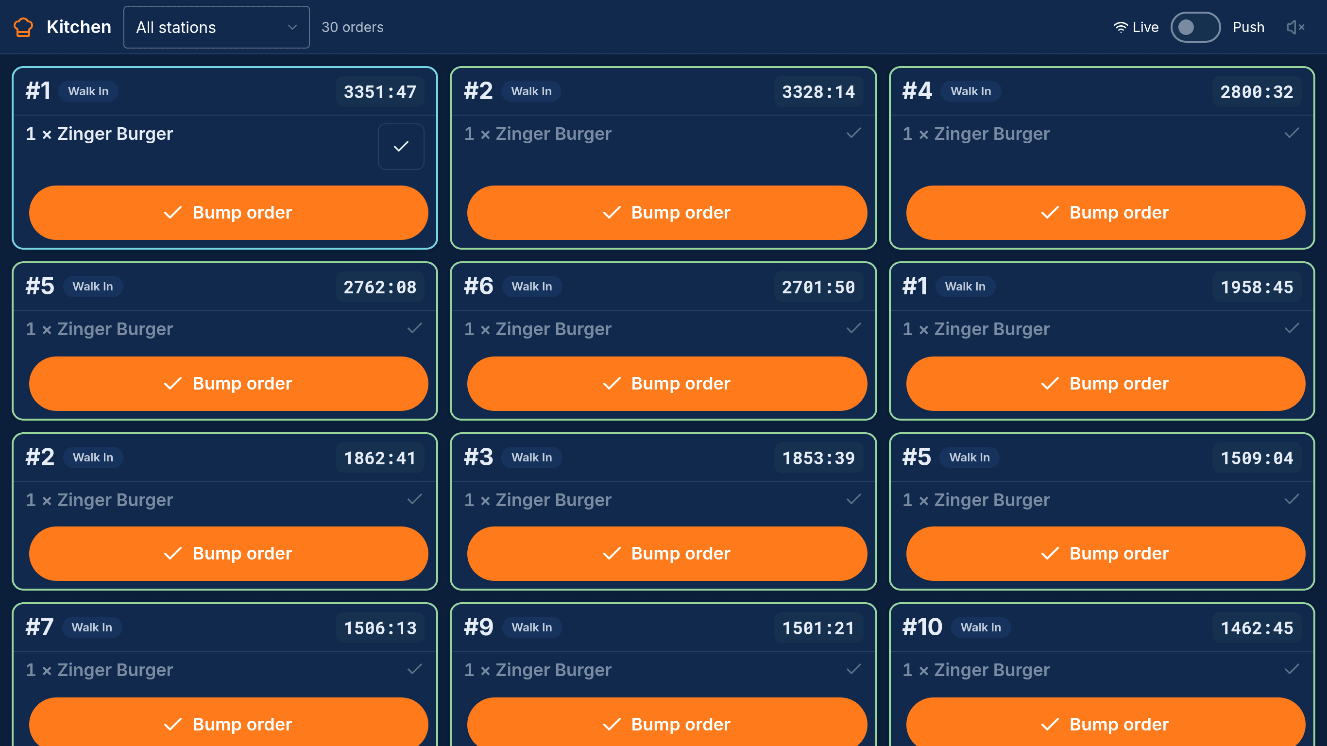 Kitchen display with tickets per station and timers